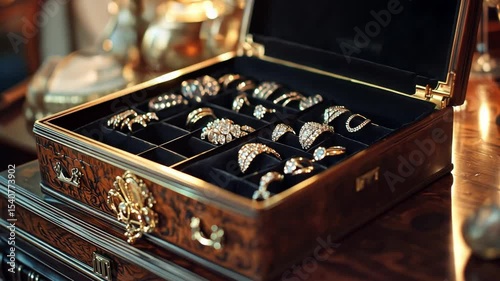 Explore a stunning array of antique rings showcased in an elegant box. This footage highlights luxury, craftsmanship, and timeless elegance. Generative AI