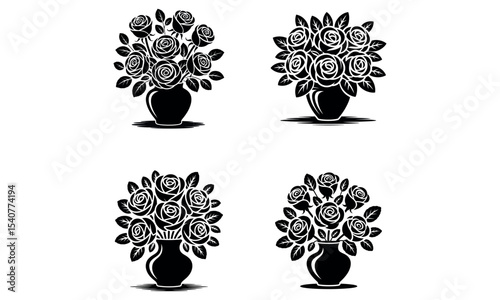 Silhouette set of rose flower bouquets arranged in decorative vases in black vector style
