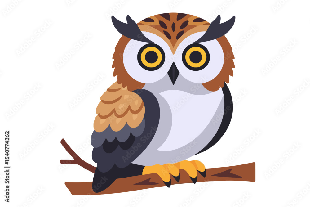 Obraz premium Cartoon Owl Illustration-Cute Bird on Branch-Animal Vector Graphic-Wildlife Art for Kids-Adorable Owl Clipart-Nature Lover Design-Owl Character for Children