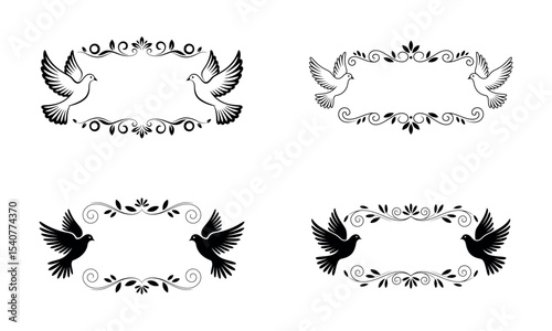 Silhouette set of decorative dove and floral frames in elegant black and white style
