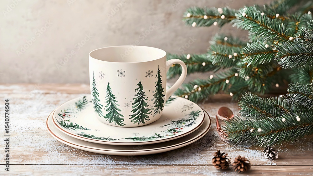 Fototapeta premium Christmas teacup and saucer set with pine tree design, accompanied by a fir branch and pine cones. Cozy winter atmosphere. 