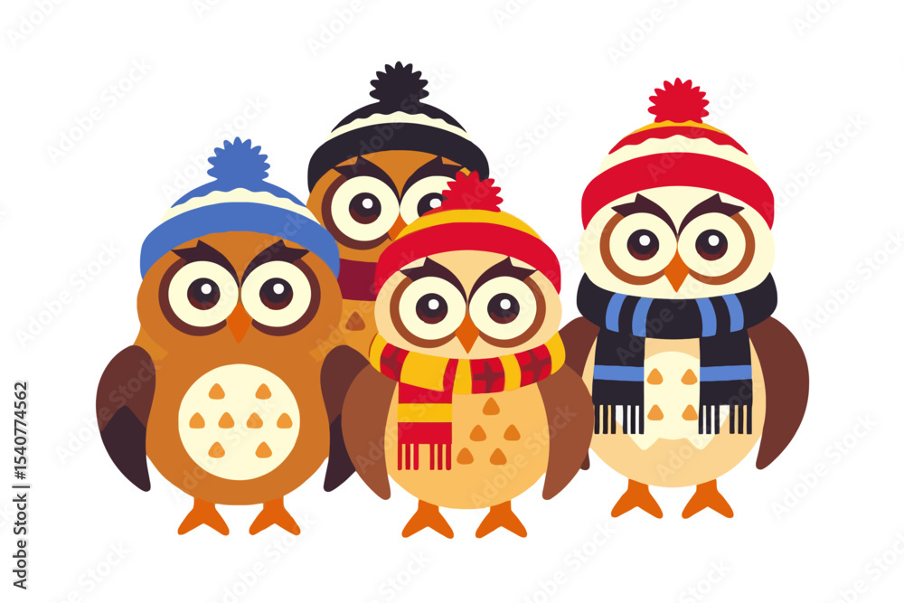 Obraz premium Cartoon Owls in Winter Hats and Scarves-Cute Animal Illustration-Festive Holiday Season-Adorable Owl Characters for Kids-Winter Themed Graphic Design