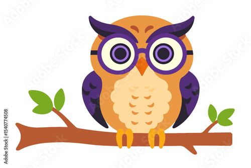 Cartoon Owl with Glasses Perched on Branch-Cute Illustration for Kids-Colorful Bird Clip Art-Owl Vector Graphic-Perfect for Educational Materials