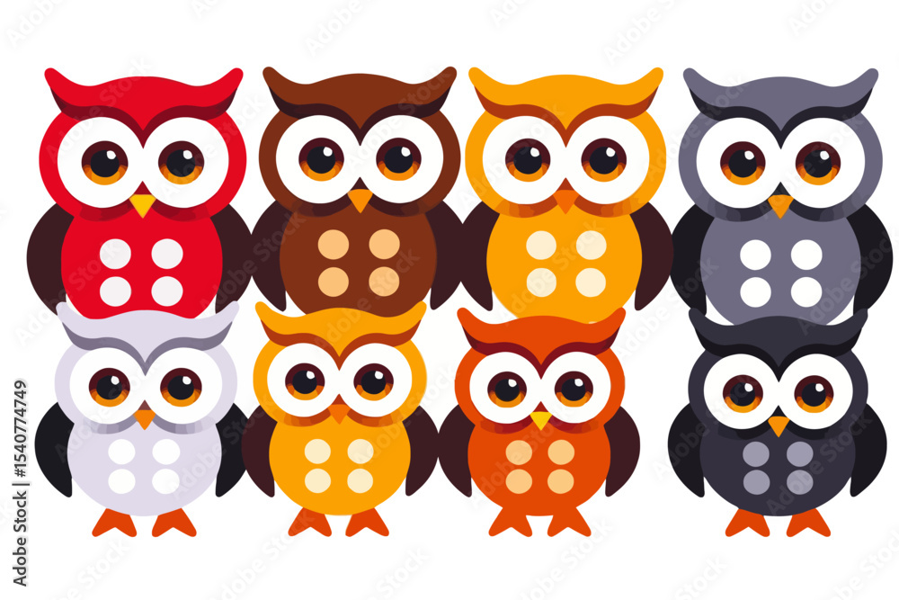 Fototapeta premium Colorful Cartoon Owls Illustration-Whimsical Owl Design for Kids-Cute Owl Clipart-Perfect for Nursery Decor-Playful and Bright Owl Pattern-Owl Themed Artwork