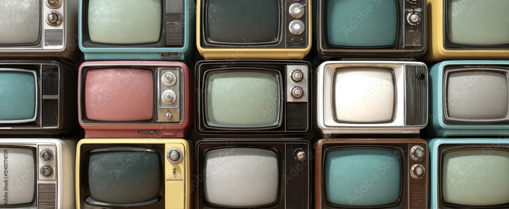 Fototapeta premium The nostalgic collection of vintage televisions in various colors and styles.