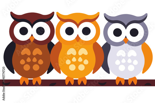Colorful Cartoon Owls Illustration-Cute Owl Trio on a Branch-Children's Room Decor-Animal Illustration Art-Owl Themed Nursery-Cartoon Owl Design