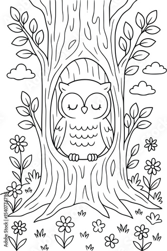 Cute Sleeping Owl in Tree Hollow – Forest Coloring Page for Kids
