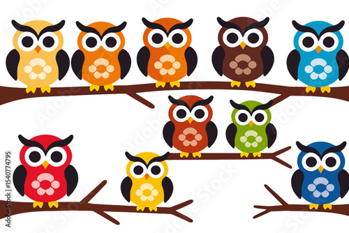 Colorful Cartoon Owls on Branches-Cute Owl Illustration for Kids-Whimsical Owl Art-Bright and Cheerful Owl Design-Fun Owl Graphic for Children-Owl Themed Decor