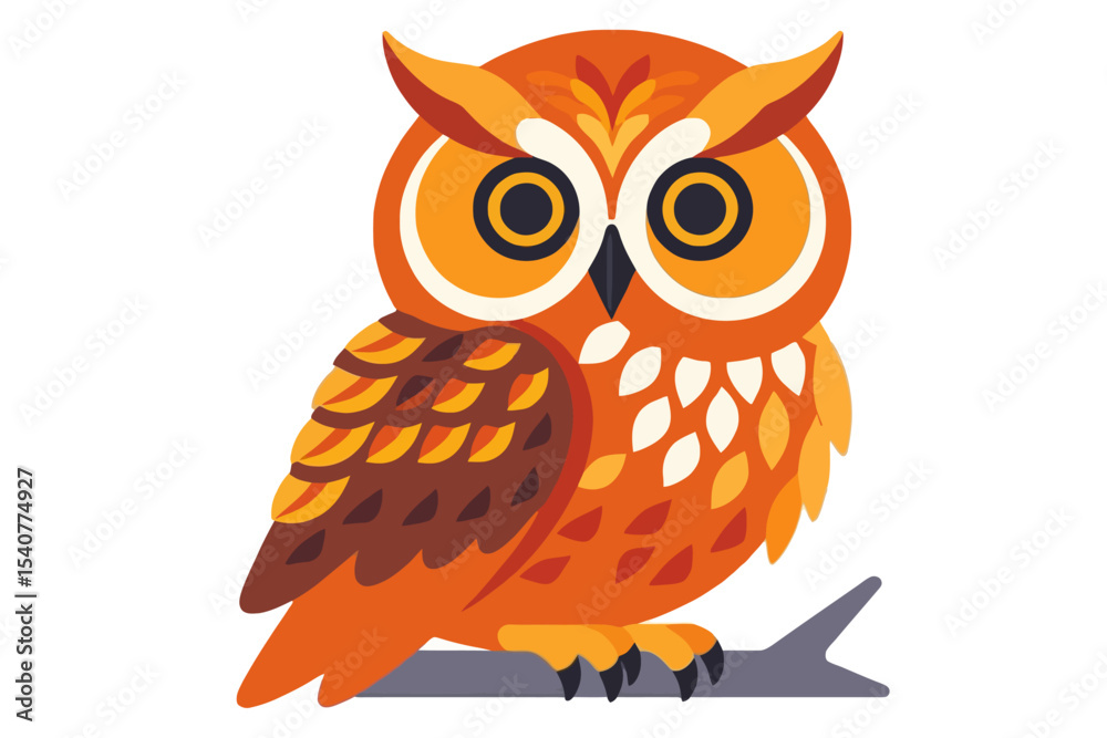Fototapeta premium Colorful Owl Illustration-Cute Bird on Branch-Orange and Brown Design-Wildlife Art for Kids-Digital Owl Graphic-Vector Animal Image-Owl Clipart for Projects