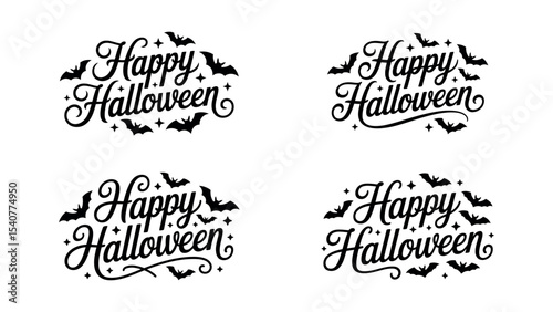 Happy halloween calligraphy design set with flying bats and spooky lettering in black style
