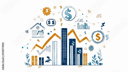 A dynamic illustration depicting financial growth, trends, and economic progress. It showcases charts, graphs, and symbols that represent various aspects of the financial market