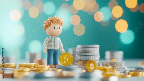 A miniature figure with a gold coin in front of a collection of coins with bokeh light background