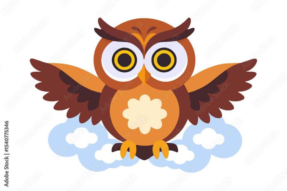 Fototapeta premium Cute Cartoon Owl Flying on Clouds Illustration- Educational Wildlife Art for Children- Whimsical Animal Graphic for Kids Projects