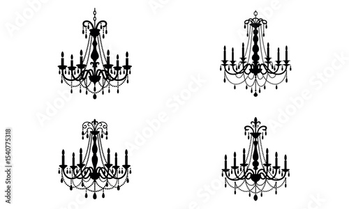 Set of elegant vintage chandeliers in black silhouette with classic candlelight design
