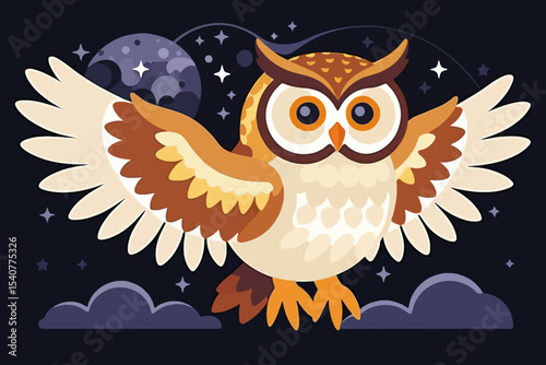 Cute Cartoon Owl Flying at Night- Whimsical Illustration with Moon and Stars- Vector Owl Design for Kids- Owl Clip Art- Night Sky Owl Image