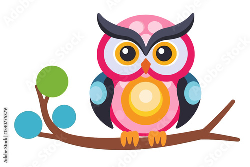 Cute Cartoon Owl Illustration - Colorful Owl Perched on a Branch - Whimsical Owl Art for Kids - Owl Clipart for Crafts and Decor-Cartoon animal- Clip art