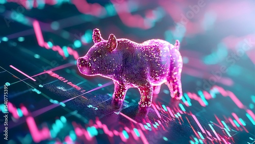 A shiny pig figurine stands prominently against a digital stock market graph background, symbolizing investment