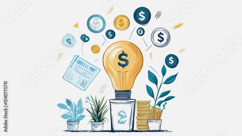 Illustration depicting financial innovation and growth with a glowing light bulb emitting dollar signs, surrounded by currency symbols and botanical elements