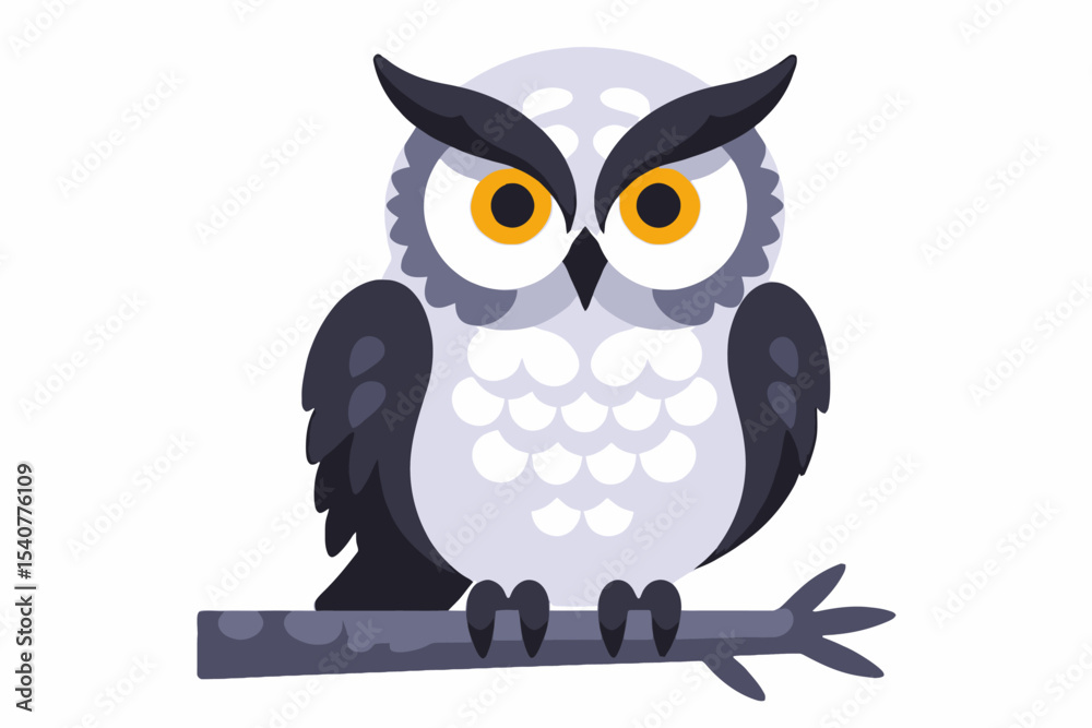 Naklejka premium Cute Cartoon Owl Illustration-Owl with Big Eyes Perched on a Branch-Funny Owl Design for Kids-Adorable Owl Vector Image-Owl Mascot Character-Owl Artwork