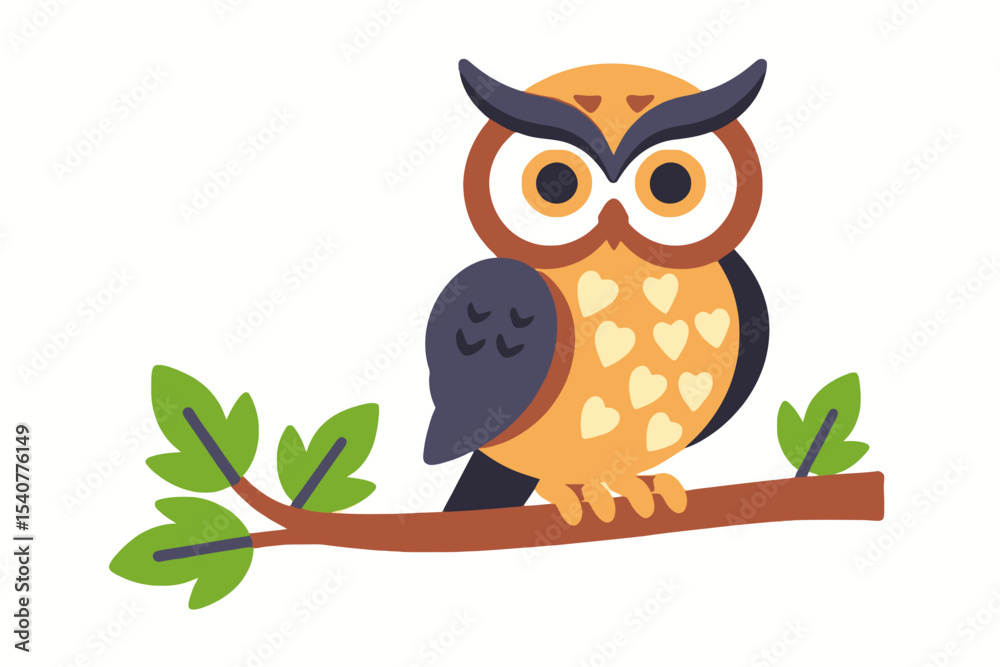 Fototapeta premium Cute Cartoon Owl Illustration-Owl on a Branch with Leaves-Whimsical Animal Art for Kids-Adorable Owl Character with Heart Pattern-Funny Owl Design for Children