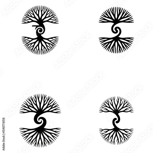 Abstract tree of life symbols with spiral roots and symmetrical branches in black silhouette
