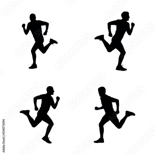 Silhouette set of male athletes running in motion during fitness or sport activity
