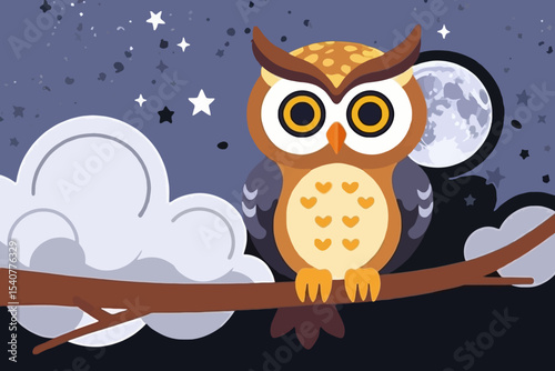 Cute Cartoon Owl on Branch at Night-Full Moon and Stars in the Background-Whimsical Owl Illustration-Perfect for Children's Art or Storybooks
