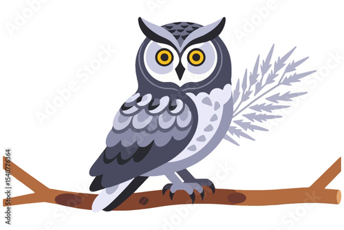 Cute Cartoon Owl on Branch Illustration- Whimsical Bird Art for Kids- Adorable Animal Design- Perfect for Wall Art and Educational Materials- Vector Graphics Available