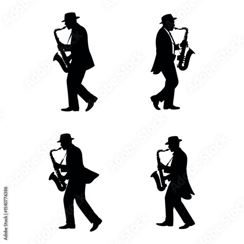Silhouette set of jazz musicians playing saxophone in stylish poses wearing hats
