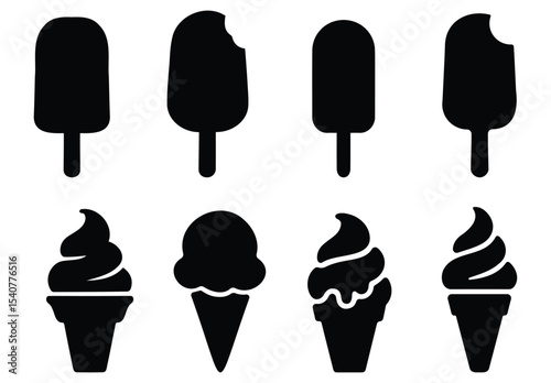 Set of ice cream and popsicle silhouettes in cone and bar styles, ideal for summer, dessert, and food-themed graphic design