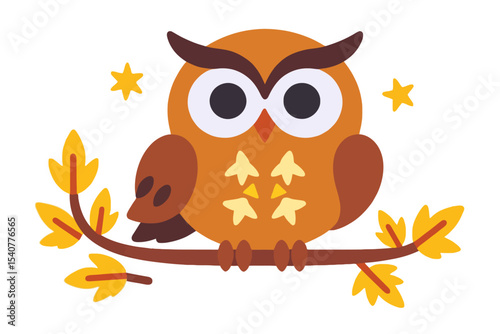 Cute Cartoon Owl Sitting on a Branch with Autumn Leaves-Fall Decor and Graphic Design Element-Whimsical Animal Illustration for Seasonal Projects