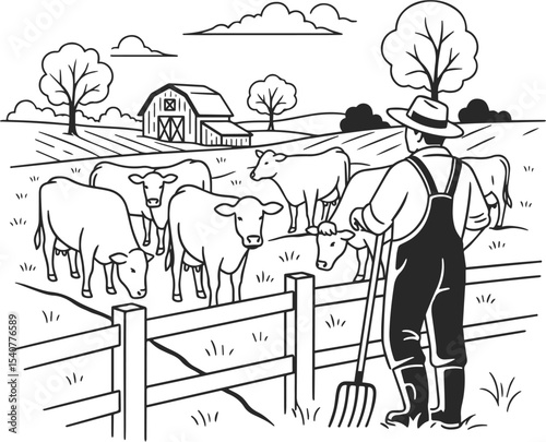 A farmer standing by the fence and looking at his cows, a farmer and cows on the farm grazing.
