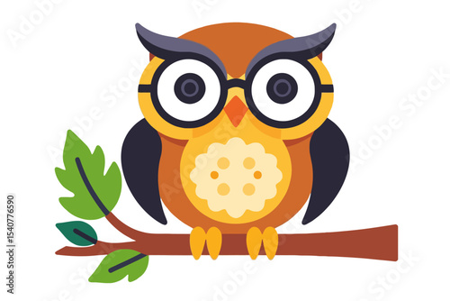Cute Cartoon Owl Vector Graphic-Whimsical Owl Illustration on Branch-Adorable Owl Character with Glasses-Perfect for Kids Designs and Educational Materials