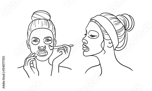 2 Girls applying moisturizing sheet mask on face, continious line drawing. Spa salon, cosmetology, body care, beauty routine outline. Vector illustration