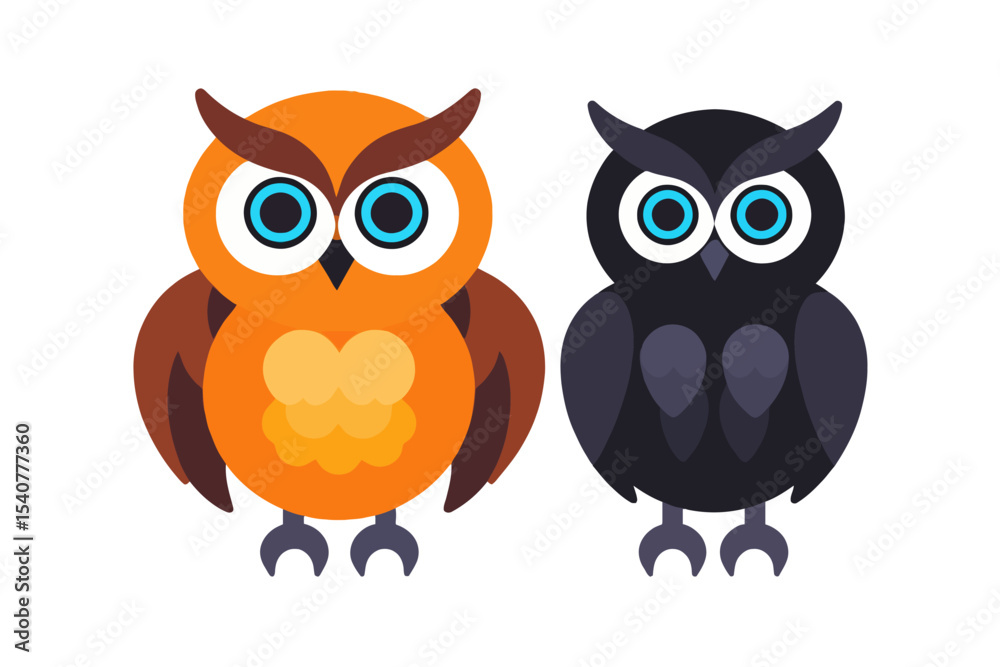 Fototapeta premium Cute Cartoon Owls- Orange Owl and Black Owl Illustration- Fun Owl Graphic for Kids- Educational Animal Clip Art- Vector Owl Design for Children