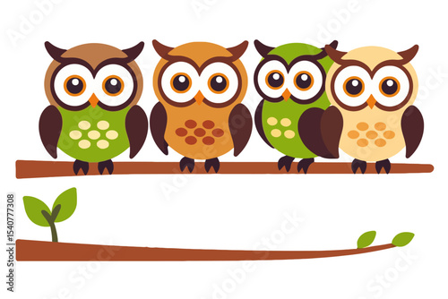 Cute Cartoon Owls on a Branch Illustration-Colorful Owl Clip Art for Kids-Whimsical Owl Design for Crafts-Adorable Owl Graphics for Digital Projects photo