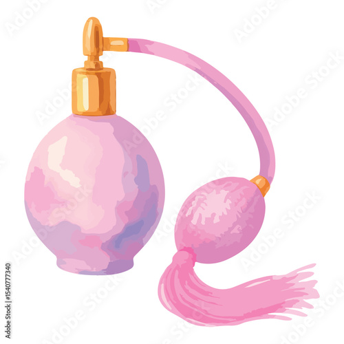 Elegant watercolor illustration of a vintage perfume bottle. Vector isolated on light background.

