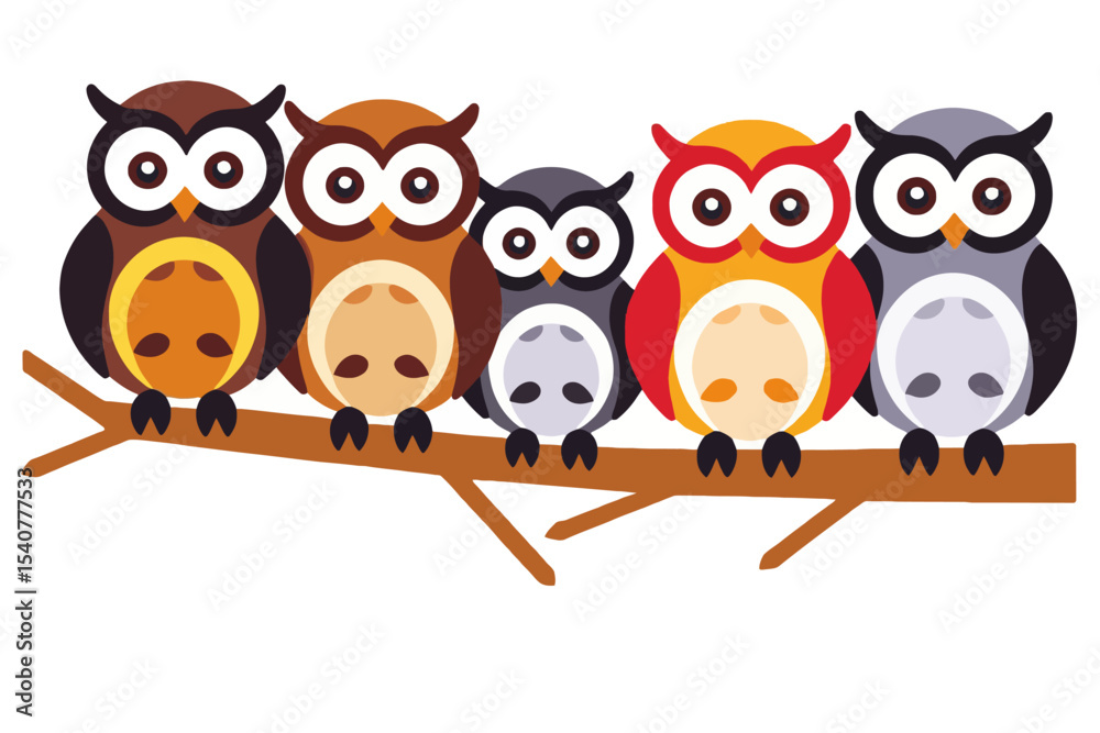 Fototapeta premium Cute Colorful Owls on a Branch Illustration-Whimsical Owl Family Graphic-Adorable Cartoon Owls Vector-Perfect for Kids Decor and Educational Resources
