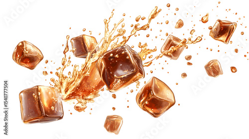 Brown Cola Splash Ice Cubes isolated on a transparent background