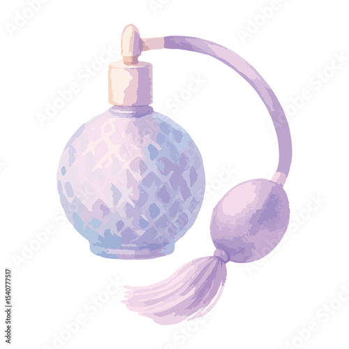 Elegant watercolor illustration of a vintage perfume bottle. Vector isolated on light background.

