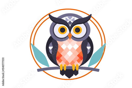 Cute Geometric Owl Illustration-Modern Owl Design with Orange Circle-Creative Owl Logo for Branding or Decor-Animal Art Print for Kids Room Decor