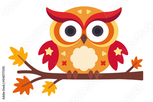 Cute Owl Cartoon Illustration-Autumn Theme-Owl on Branch with Fall Leaves-Orange and Red Owl Graphic-Whimsical Fall Design for Kids