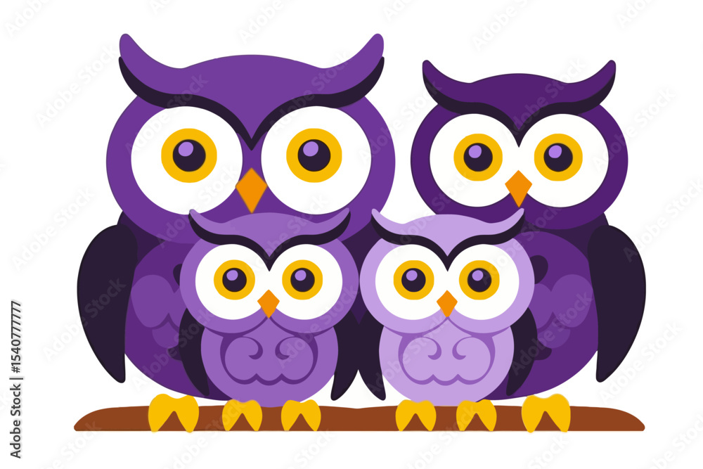 Fototapeta premium Cute Owl Family Illustration- Whimsical Purple Owls Perched on a Branch- Adorable Cartoon Owls for Kids- Owl-Themed Decor and Art- Vector Graphics