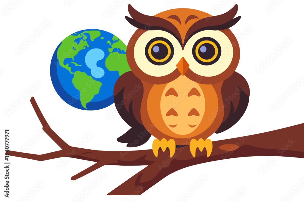 Obraz premium Cute Owl on Branch with Earth Cartoon - Wise Bird Illustration for Kids - Educational Art about Nature and Geography - Childrens Book Image