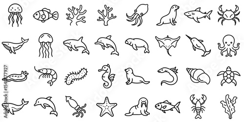 Marine Life related Line Icon Set. Includes jellyfish, fish, coral, octopus, seal, shark, crab, whale, dolphin, manatee, ray, seahorse, shrimp, sea cucumber, eel, Editable strokes. Vector illustration
