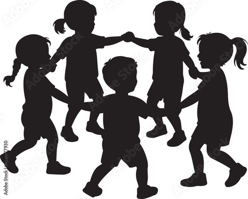 Simple silhouette vector of children playing 'Ring a Ring o' Roses'. Four to six kids holding hands in a circle, dancing or moving joyfully. Black solid silhouette