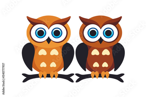 Cute Owl Illustration-Two Cartoon Owls on Branch-Owl Art for Kids-Brown and Orange Owl Design-Whimsical Bird Clipart-Animal Graphic for Children