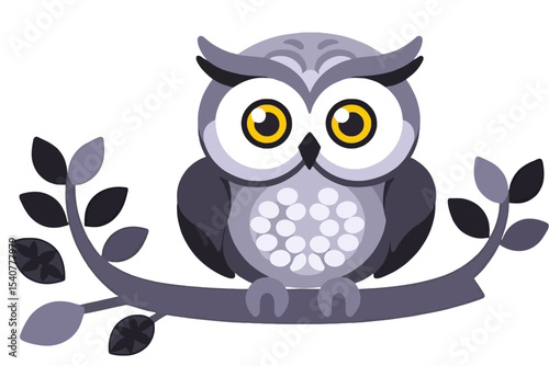 Cute Owl on Branch Illustration- Whimsical Bird Art for Kids Rooms- Adorable Cartoon Owl Design- Playful Animal Decor- Charming Owl Graphic for Nursery Decor