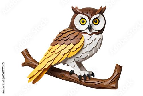 Majestic Paper Owl on Branch- Stunning Bird Art- Brown and Yellow Owl Illustration- Unique Animal Decor- Detailed Paper Sculpture- Wise Owl Design