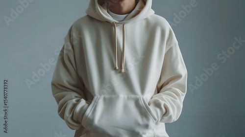 A cream-colored hoodie with a simple design.